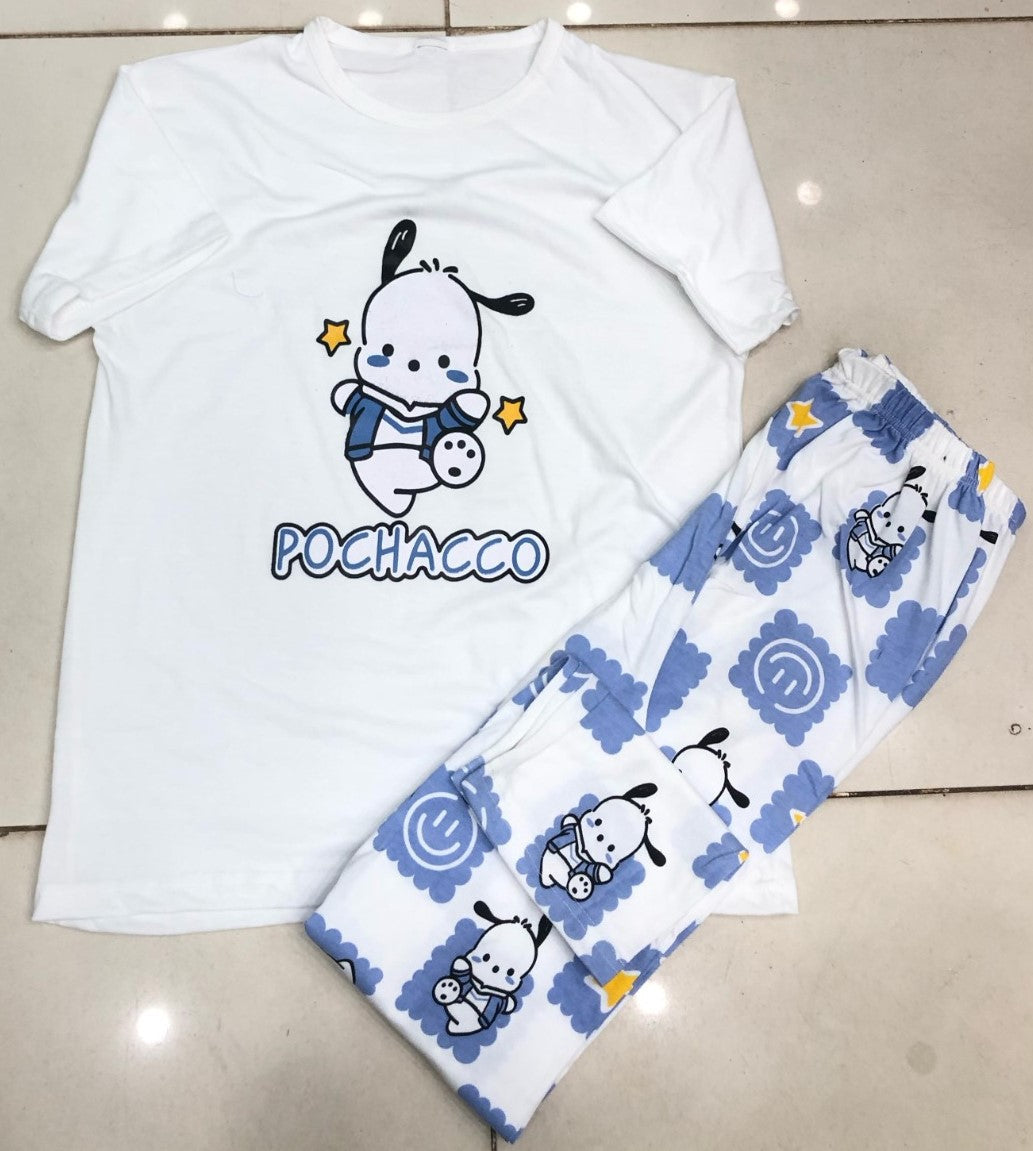 White Pochacco Print Half Sleeves Printed Night Suit (CC-092)