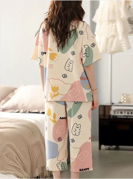 Off white Multi Cute Bears Half Sleeves Night Suit (CC-146)