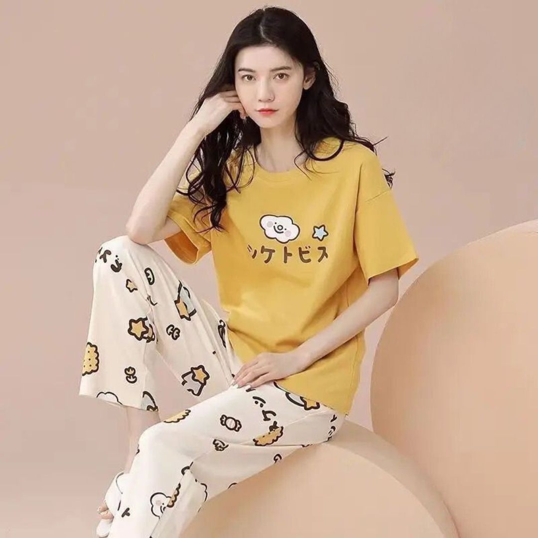Yellow Little Bear Print Half Sleeves Printed Night Suit (C-C-499)