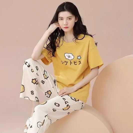 Yellow Little Bear Print Half Sleeves Printed Night Suit (C-C-499)