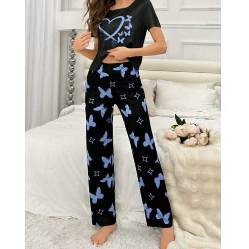 Black With Blue Butterflies Heart Printed T-shirt And Butterflies Printed Trouser Suit (C-C-480)