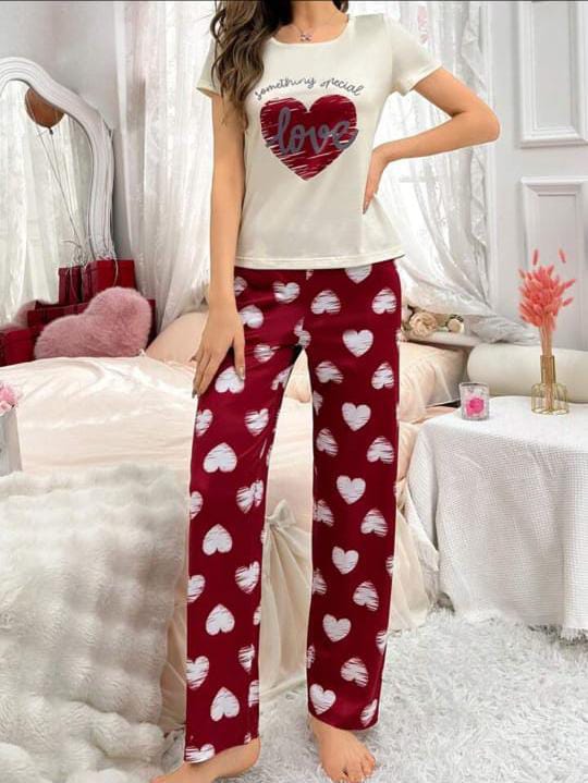Off White Heart With Maroon Hearts Printed Night Wear (CC-030)