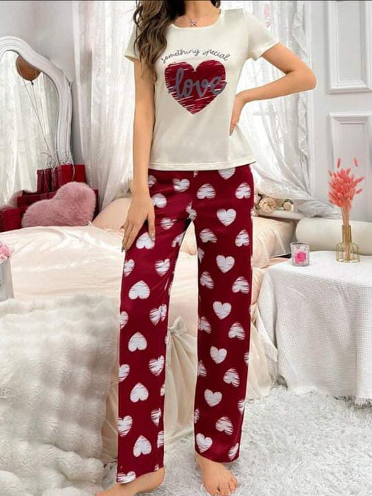 Off White Heart With Maroon Hearts Printed Night Wear (CC-030)