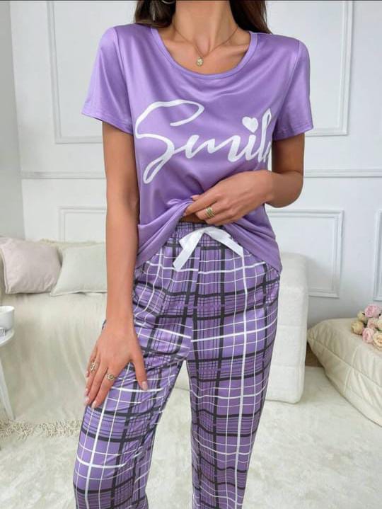 Lilac Smile Print With Check Printed Trouser Night wear (CC-033)