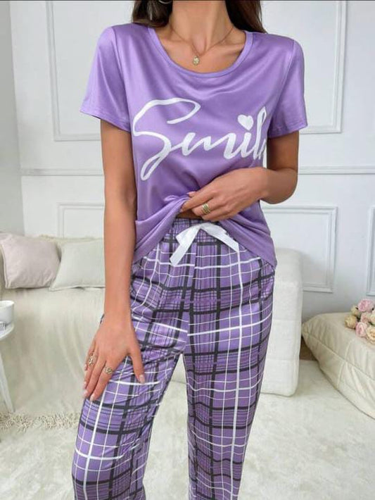 Lilac Smile Print With Check Printed Trouser Night wear (CC-033)