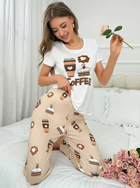 White Coffee Cake Printed Half Sleeves Night Suit (CC-148)