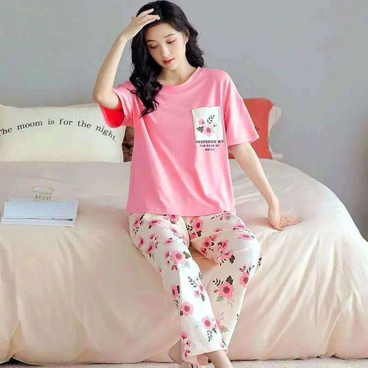 Pink Pocket Flower With White Flowers Printed Trouser (C-C-483)