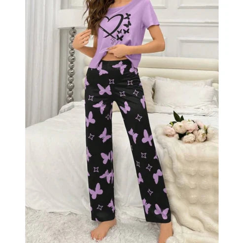 Lilac With Black Butterflies Heart Printed T-shirt And Butterflies Printed Trouser Suit (C-C-481)