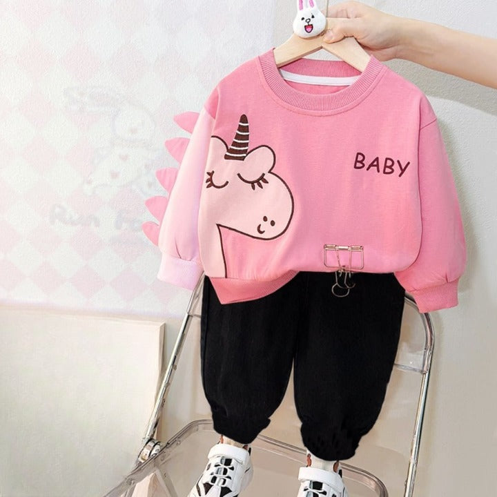 Pink with Dragon Sweat Shirt with Black Trouser for Kids (CC-110)