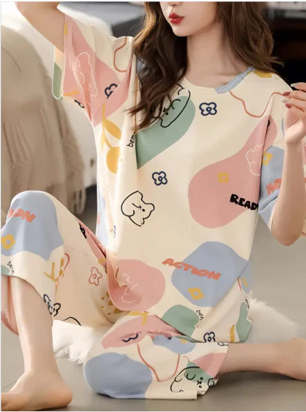 Off white Multi Cute Bears Half Sleeves Night Suit (CC-146)
