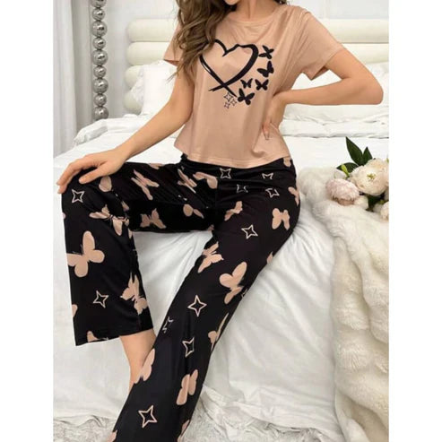 Brown With Black Butterflies Heart Printed T-shirt And Butterflies Printed Trouser Suit (C-C-482)