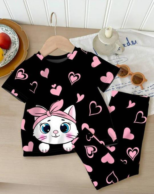 Black Kitty With Pink Hearts Print Kids Night Suit (CC-034)