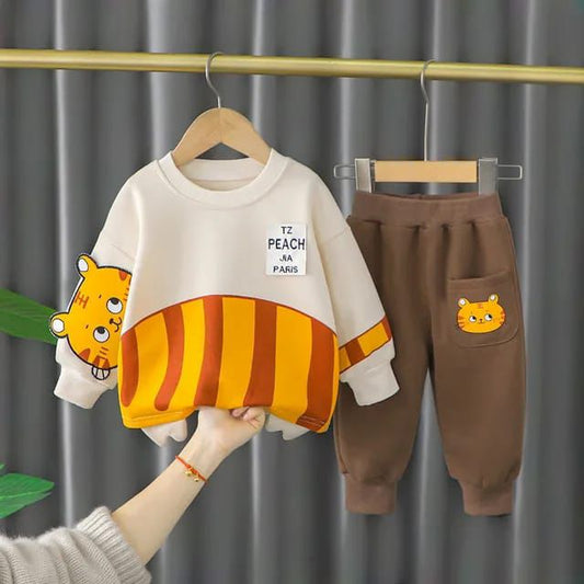 Off White Meow Print Sweatshirt With Brown Trouser For Kids (CC-120)