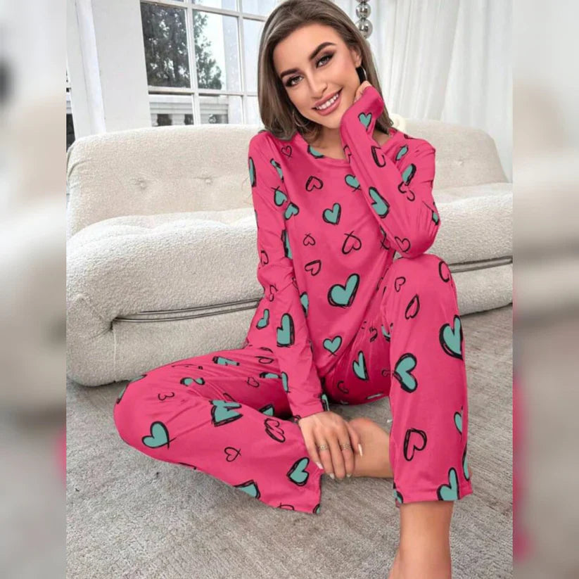 Shocking Pink With Green Herats Print With Hearts Printed Trouser (C-C-492)