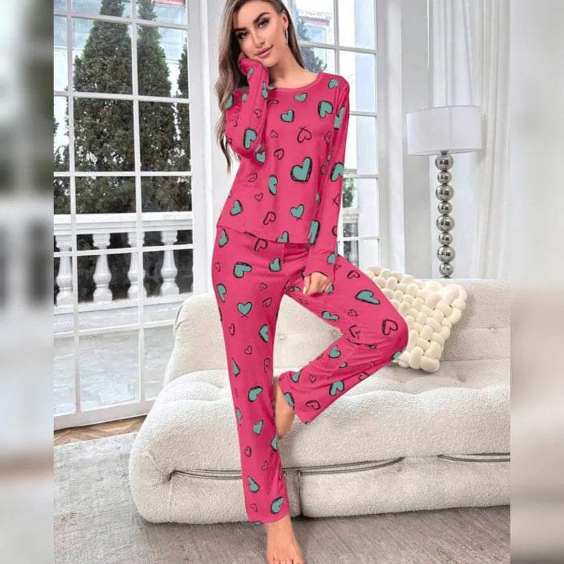 Shocking Pink With Green Herats Print With Hearts Printed Trouser (C-C-492)