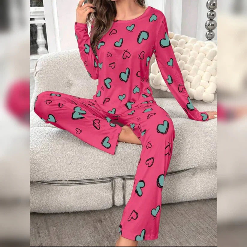 Shocking Pink With Green Herats Print With Hearts Printed Trouser (C-C-492)