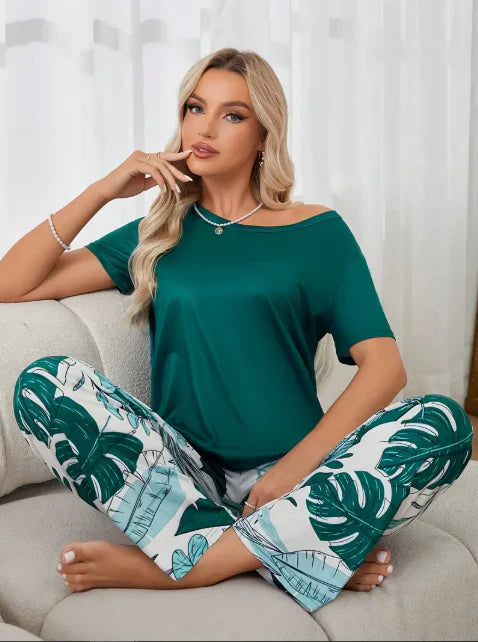 Green Plain Shirt with Leafs Pajama Printed Night Suit (CC-149)