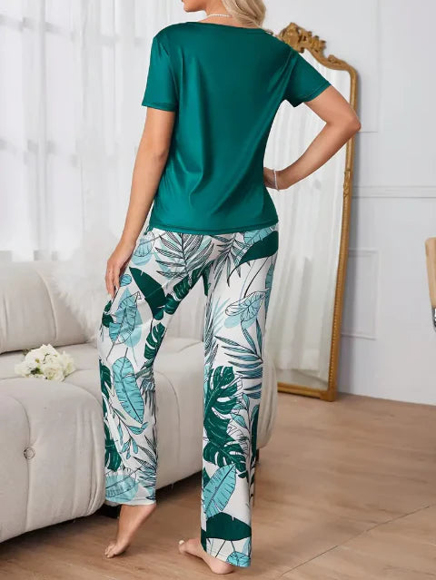 Green Plain Shirt with Leafs Pajama Printed Night Suit (CC-149)