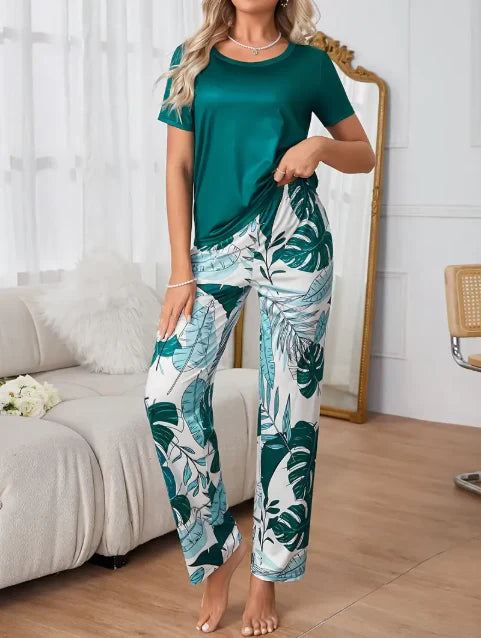 Green Plain Shirt with Leafs Pajama Printed Night Suit (CC-149)