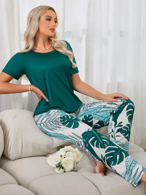 Green Plain Shirt with Leafs Pajama Printed Night Suit (CC-149)