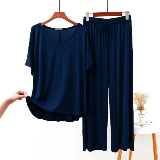 Navy Blue V Neck Half Sleeves Shirt With Lose Style Lounge Wear (C-C-394)