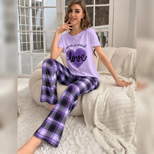 Lilac Love Heart Print Half Sleeves Shirt With Check Printed Trouser (C-C-495)