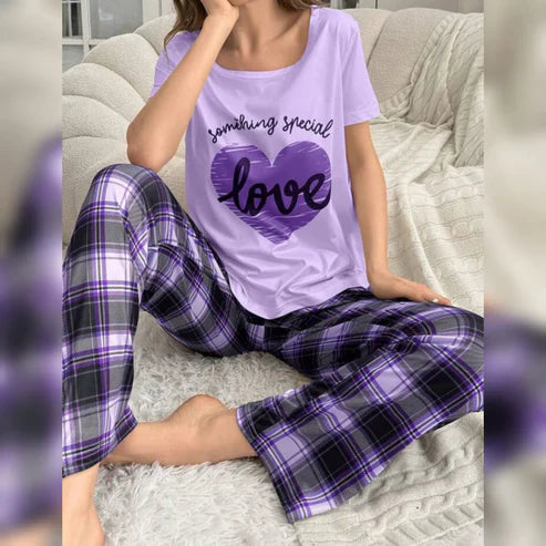 Lilac Love Heart Print Half Sleeves Shirt With Check Printed Trouser (C-C-495)