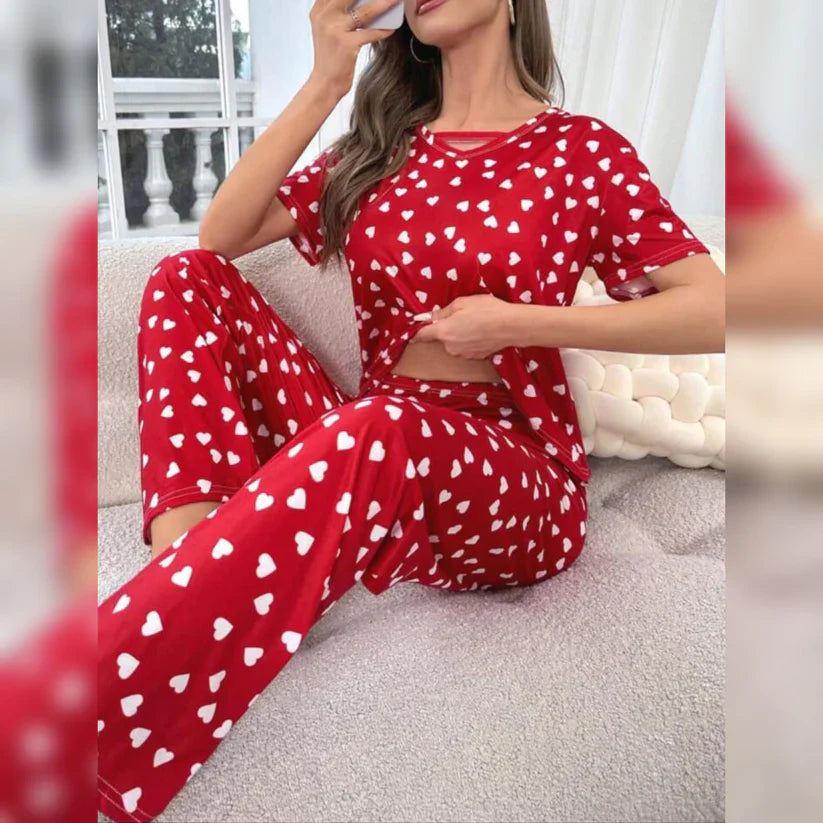 Red All Over Hearts Half Sleeves Printed Night Suit (C-C-496)