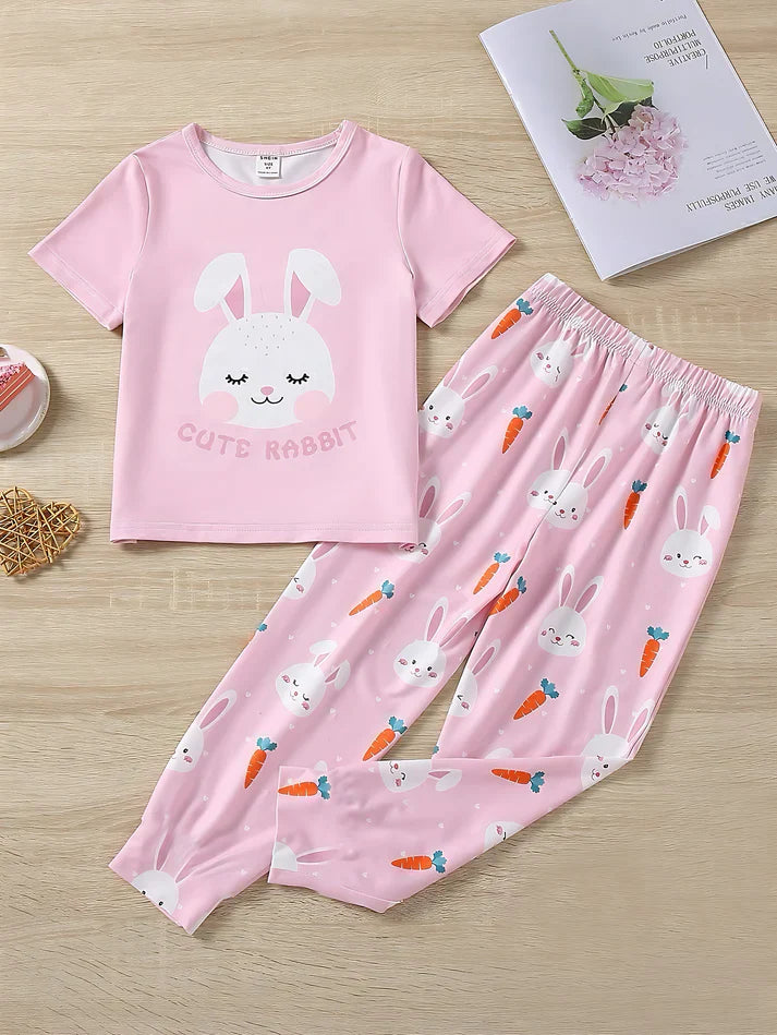 Baby Pink Cute Rabbit Printed Half Sleeves T-shirt with Rabbit Printed Pajama Kids Suits (CC-065)