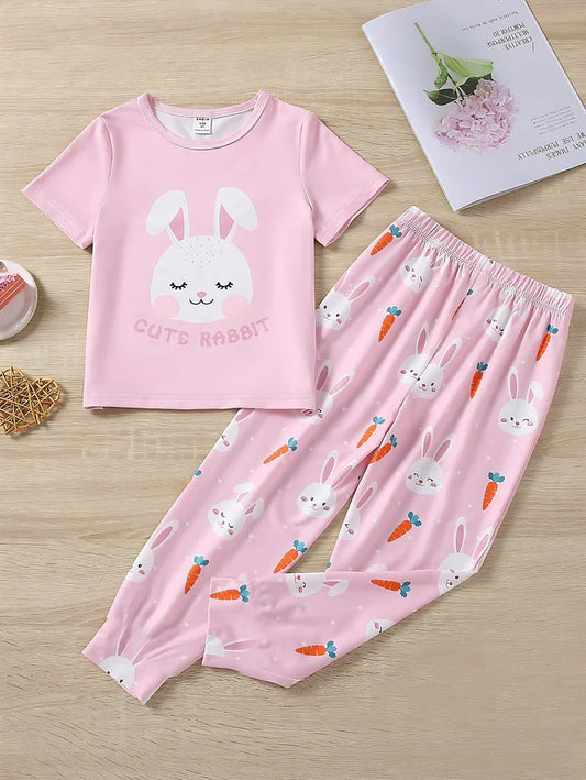 Baby Pink Cute Rabbit Printed Half Sleeves T-shirt with Rabbit Printed Pajama Kids Suits (CC-065)