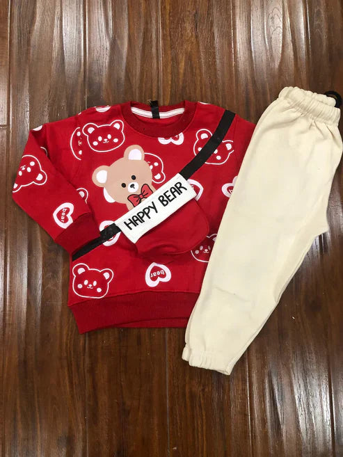 Red Happy Bear Pocket Sweatshirt with Off White Trouser (CC-113)