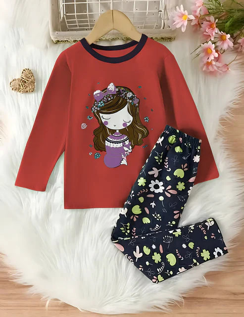 Red Barbie Girl Printed Full Sleeves T-shirt with Flower Printed Pajama Kids Suits (CC-061)