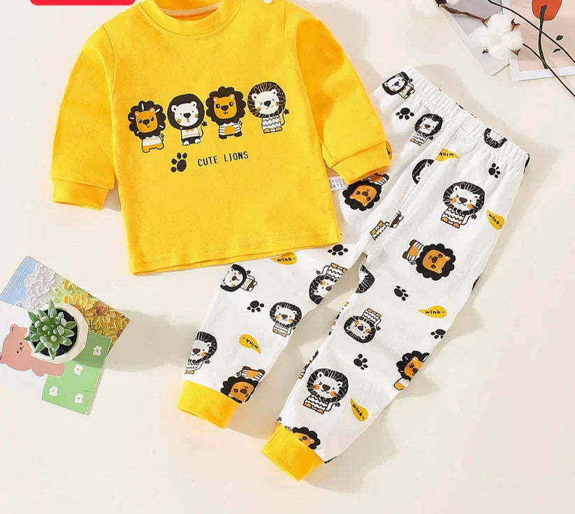 Yellow Lion Printed Full Sleeves T-shirt with Off White Lion Printed Pajama Kids Suits (CC-053)