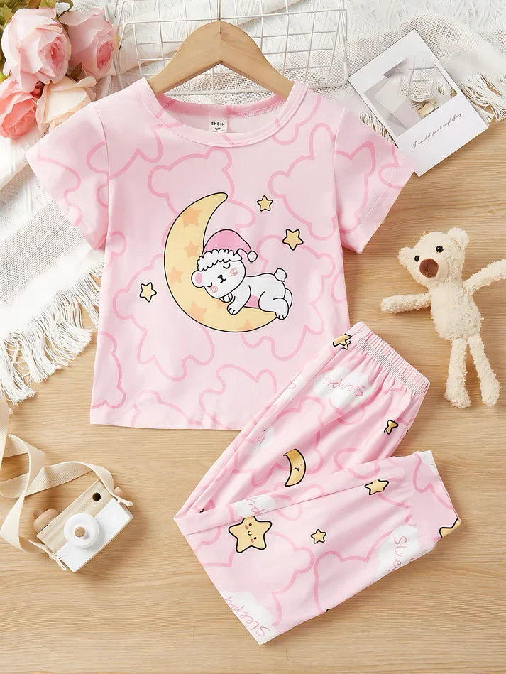 Baby Pink Moon Bear Printed Half Sleeves T-shirt with Moon Star Printed Pajama Kids Suits (CC-064)
