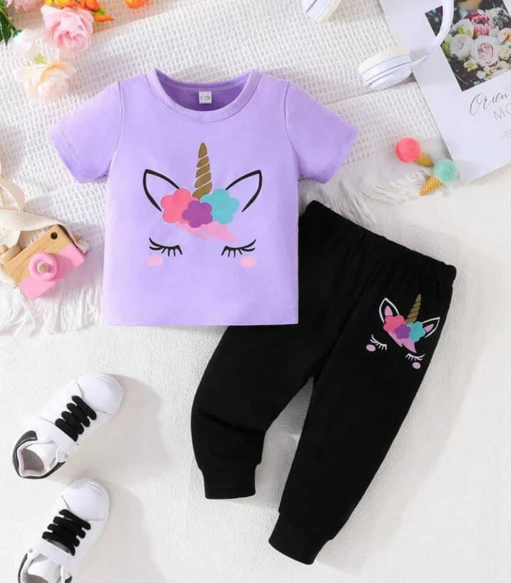 Purple Unicorn Printed Half Sleeves Printed Kids Night Suit (CC-051)