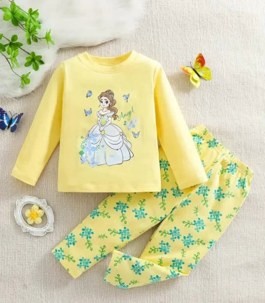 Yellow Barbie Girl Printed Full Sleeves T-shirt with Flower Printed Pajama Kids Suits (CC-052)