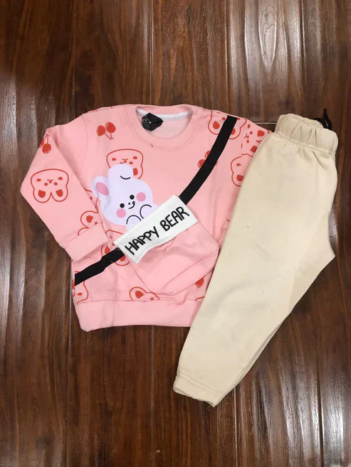 Pink Happy Bear Pocket Sweatshirt with Off White Trouser (CC-114)