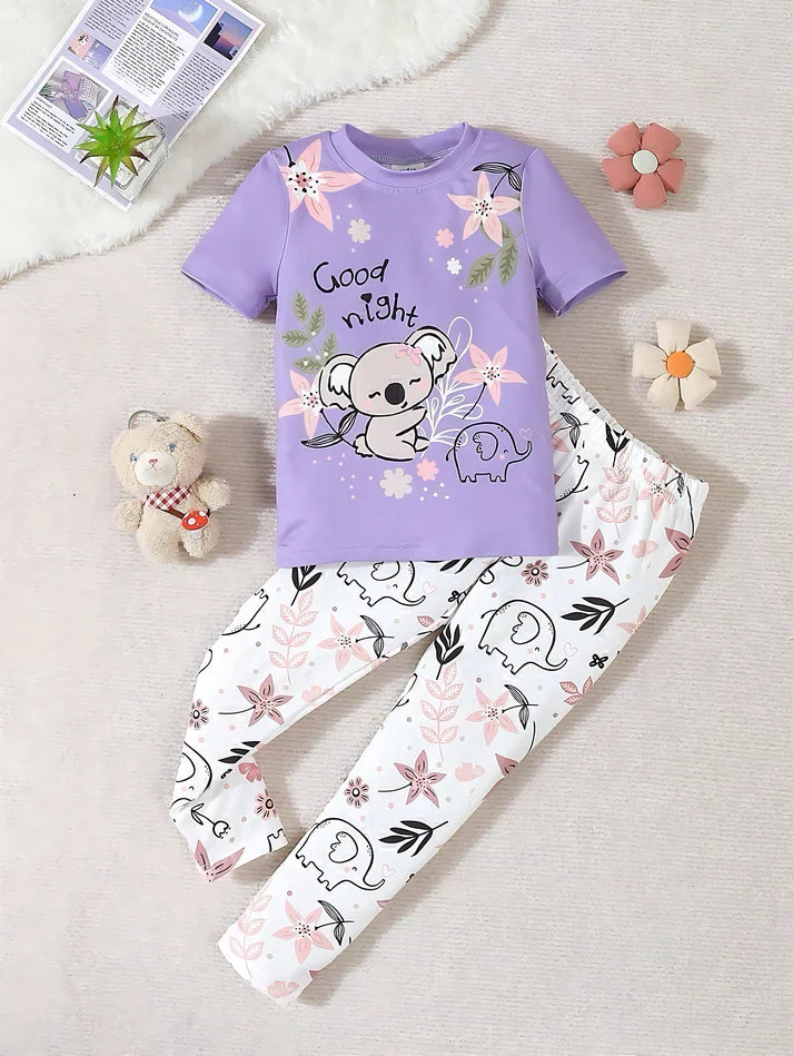 Lilac Good Night Floral Bear Printed Half Sleeves T-shirt with Floral Printed Pajama Kids Suits (CC-060)