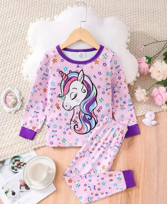 Pink Unicorn Multi Star Printed Full Sleeves Printed Pajama Kids Night Suit (CC-050)