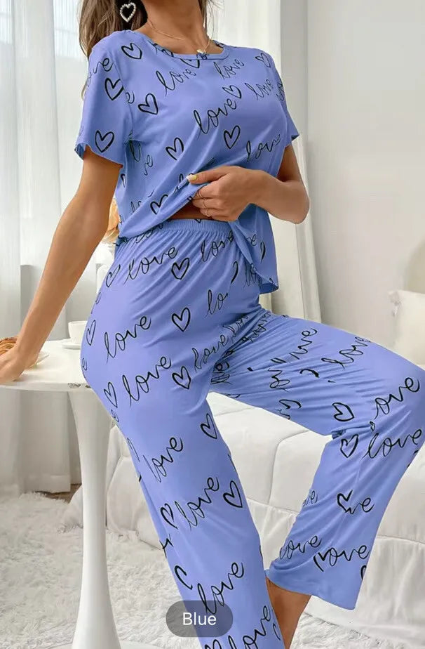 Sky Blue Love Heart Print Half Sleeves Shirt With Printed Trouser (C-C-458)