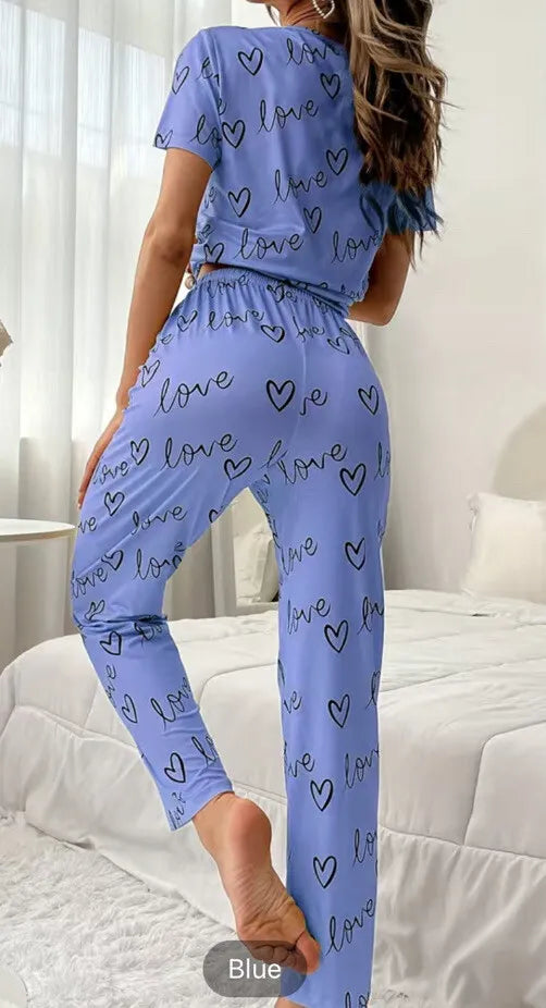Sky Blue Love Heart Print Half Sleeves Shirt With Printed Trouser (C-C-004)