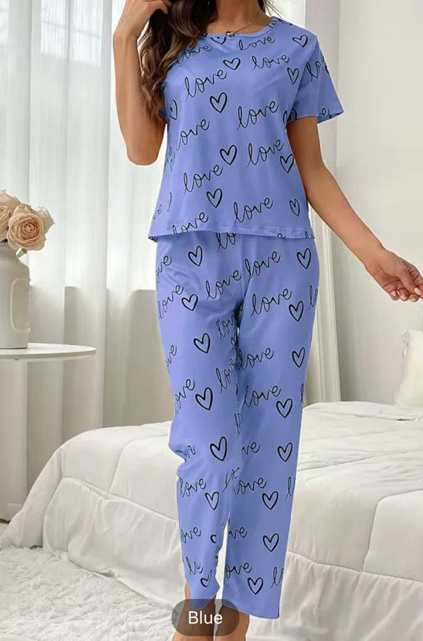 Sky Blue Love Heart Print Half Sleeves Shirt With Printed Trouser (C-C-458)
