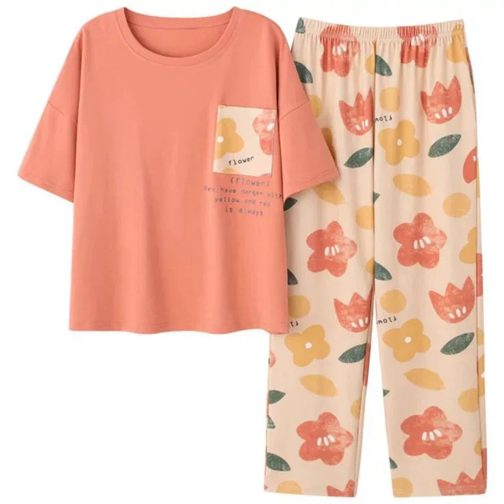Peach Flower Pocket Printed Night Suit (CC-147)